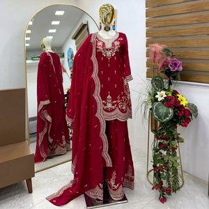 Conjunto de traje Anarkali bordado color granate con dupatta, vestido de boda indio pakistaní largo hasta el suelo - Product Image 1