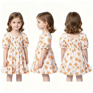 Vestido A26-4 Personalizado de Bambú/Algodón para Niñas, Corte en A, Largo hasta la Rodilla, Cuerpo Fruncido, Mangas Cortas Tipo Linterna con Volantes y Pétalos, para Bebés y Niñas Pequeñas - Product Image 6