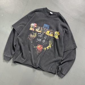 T-shirt Lunga da Uomo in 100% Cotone Stile Street Punk Ribelle con Stampa a Inchiostro Bianco Effetto Invecchiato e Cuciture a Due Pezzi OEM - Product Image 4