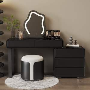 Ensemble de coiffeuse en bois noir, table de maquillage moderne en cuir avec miroir, design simple, commode de rangement pour adultes - Product Image 2