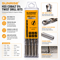 Jeu de forets hélicoïdaux SUNRISE M35 HSS Cobalt 5% de haute qualité, queue droite, point fendu à 135 degrés, entièrement affûtés, finition dorée, garantie 3 ans