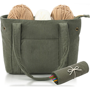 Bolsa de Hilo Elegante para Proyectos de Crochet y Tejido, Organizador de Crochet de Pana <span class=keywords><strong>con</strong></span> 4 Bolsillos Interiores y Orificios para Hilos - Product Image 1