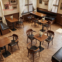 Ensemble de meubles de restaurant, café, salon de thé, style rétro américain, minimaliste, durable, écologique, table à manger en bois, cuir noir
