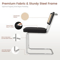 Chaise de salle à manger moderne en rotin avec dossier incurvé, pieds cantilever en acier chromé, revêtement ergonomique en velours, durable et écologique pour hôtel