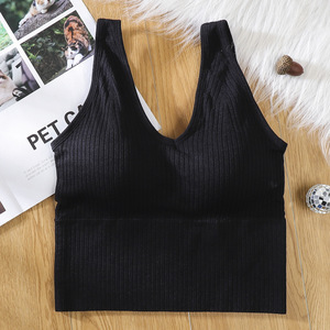 Women's One-Piece Wire-Free Bralette Solid Color Ribbed Tank Top Racerback Breathable Spandex/Nylon Seamless Underwear with Cup - Product Image 5