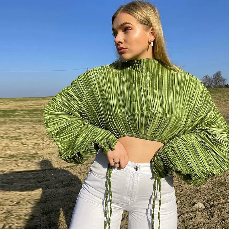 Enyami 2023 Y2K Pleated Blouses Large Contour Long Batwing Puff Sleeves O Neck Plisse Shirts Sexy Oversized Crop Tops