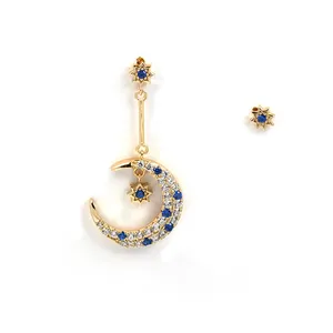 Joacii 925 Sterling Silver 14K Gold Plated Gemstone Series Blue Spinel Star Moon Horns Earrings