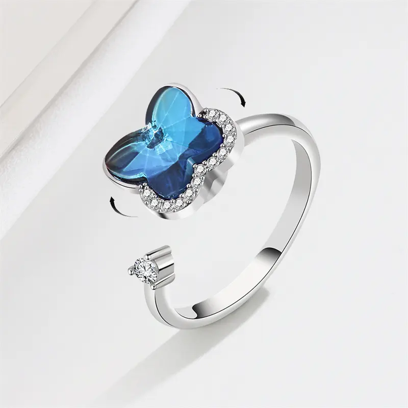 Amazon Luxury Adjustable Rotating Blue Crystal Butterfly Spinning Ring S925 Sterling Silver Open Anxiety Fidget Ring