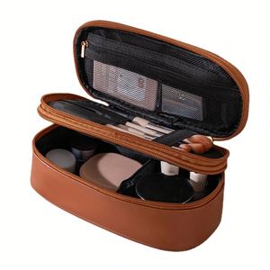 Multi-Functional Makeup Brush Organizer with Mesh Pockets PU Leather Cosmetic Bag Travel Makeup <b>Storage</b> Case - Product Image 2