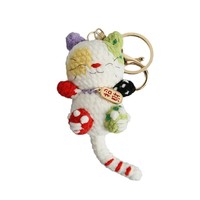 Porte-clés chat chanceux en crochet coloré fait à la main avec étiquette 'Zhaocai' pour décoration de sac jouets en peluche porte-clés