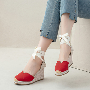 Nouvelles sandales compensées en toile <span class=keywords><strong>rouge</strong></span> pour femme, style <span class=keywords><strong>espadrille</strong></span>, à bout fermé, avec détail en V, lacets et bride cheville, plateforme tressée, chaussures d'été - Product Image 3