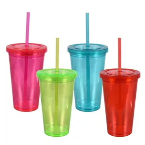 450ml PS Plastic Straw Cup Transparent Flat Lid Milk Tea Cupglitter Powder Insertion Card Double-layer Beverage Water Cup