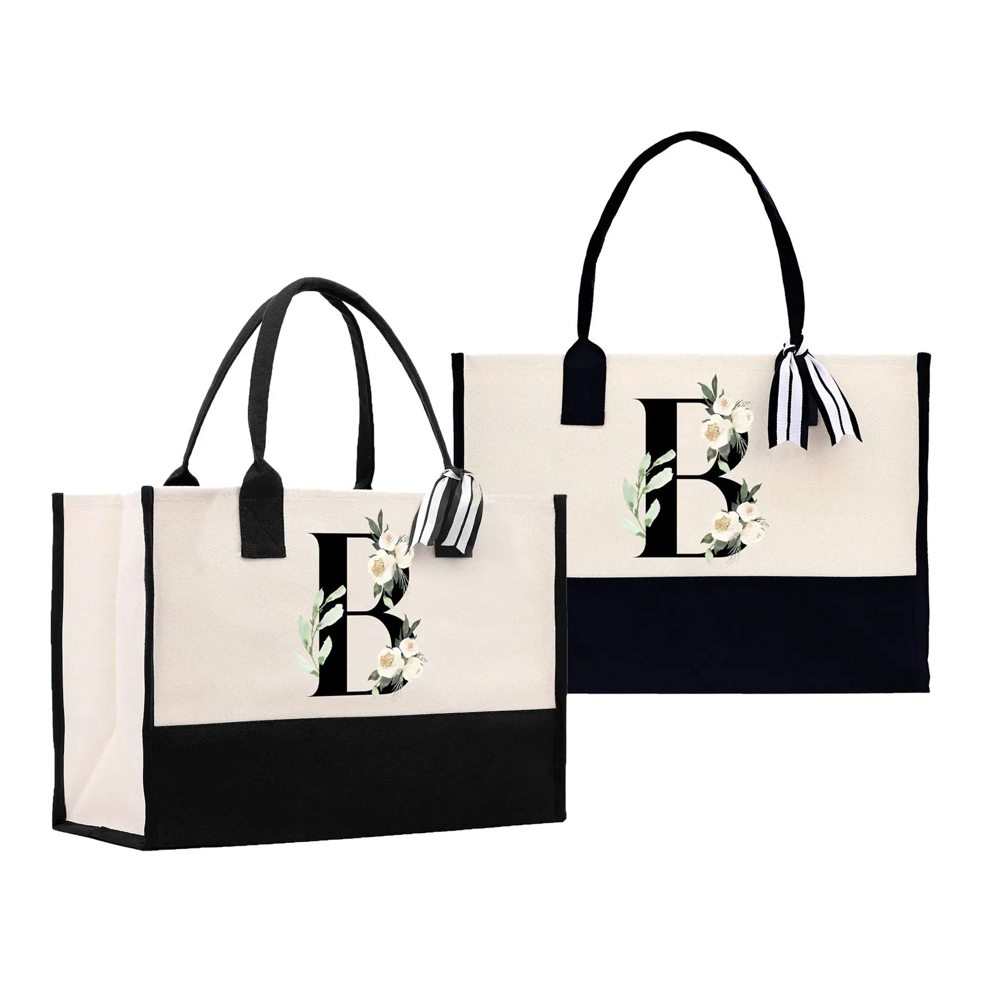 Newest design Floral Wedding Birthday Bridesmaid gift Canvas Tote custom name Letter A Z Initial Two Tone Chic Tote Bag