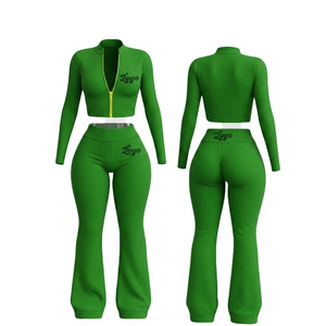Conjunto Deportivo de Invierno para Mujer, Tallas Grandes, con Logotipo Personalizado, Chaqueta con Cierre Completo, Pantalones Acampanados, 2 Piezas, Forro Polar, Transpirable - Product Image 1
