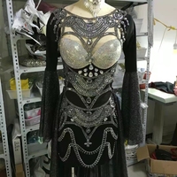 Set Bikini Bra Rumbai Kristal Seksi + Celana Pendek Set Bikini Kostum Panggung Festival Wanita Pakaian Menari Penari Perut Eksotis