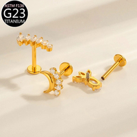 Anting-anting tindik titanium zircon G23, stud tulang telinga, bagian belakang datar, ulir dalam, anting-anting, perhiasan tindik tubuh