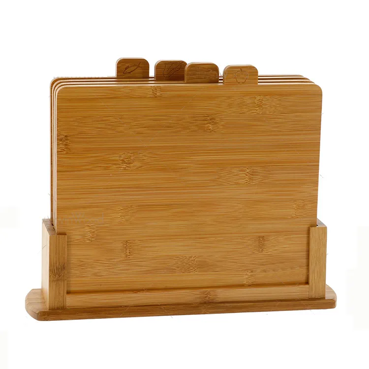 Bamboo Index Cutting Board Set - 4 Piece All Natural bamboo Board with Stand