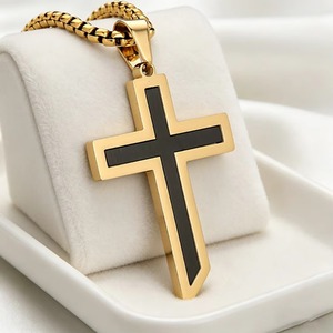 Collier Pendentif Croix Géométrique Classique Incrusté, Plaqué Or 18K, Acier Inoxydable, Hip Hop, Prière, Foi Chrétienne, Unisexe - Product Image 4