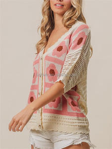 Cardigan en maille à manches courtes pour <span class=keywords><strong>femme</strong></span>, imprimé floral, col en V, ajouré, style décontracté, vente en gros - Product Image 3