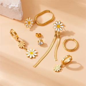 Daisy Drop Earrings Stainless Steel Gold Flower Asymmetrical Chain Pendant Set For Women Fashion Jewelry E6001 - Product Image 3