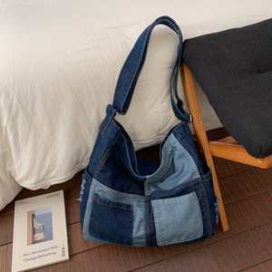 ウォッシュドカラーブロックデニムショルダーバッグ 大容量 スラウチバッグ ショッピングや旅行に - Product Image 6