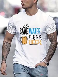 T-shirt décontracté à imprimé graphique en tricot pour <span class=keywords><strong>homme</strong></span> 'Save Water Drink Beer' Design Humorous Beer <span class=keywords><strong>Mug</strong></span> Faucet Illustration Regular Fit - Product Image 6