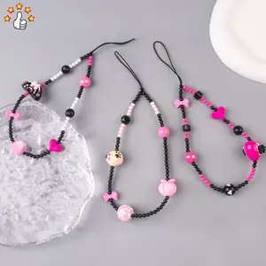 Little Devil Style Mobile Phone Chain Black Pink Mobile Phone Charms Colorful Acrylic Beaded Cell Phone Strap