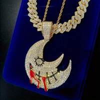 Collier chaîne cubaine en diamant sur mesure, en cuivre écologique, style sportif Hip-Hop, motif lune, style Dark Wind Ruffian