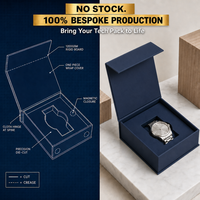 Boîte à montre magnétique bleu marine profond, emballage de luxe rigide personnalisé avec cadre doré et lignes en feuille d'or