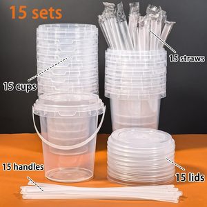 32 OZ <b>Plastic</b> Drink Buckets Wholesale Disposable Fruits Container Clear Bucket <b>Cups</b> With Lid - Product Image 2