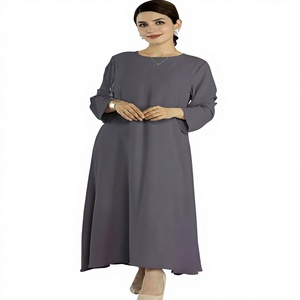 Abaya grise unie pour femme, robe longue à manches longues et col rond, coupe ample, tenue modeste pour tous les jours, toutes saisons - Product Image 1