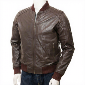 Chaqueta Bomber de Cuero Genuino Marrón para Hombre, con Hombros Acolchados, Cuello Alto y Ribete de Punto Acanalado, Clásica y Cálida para Invierno - Product Image 1