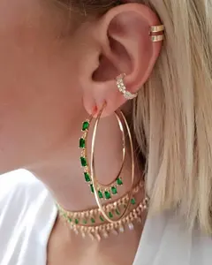 <strong>Emerald</strong> Green <strong>Drop</strong> Cz Rectangle Cubic Zirconia Gold Plated Big Hoop <strong>Earring</strong> - Product Image 1