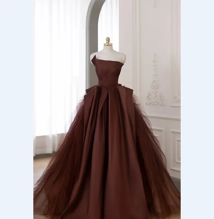 Женское вечернее платье с открытой спиной, ТРАПЕЦИЕВИДНОЕ Тюлевое платье принцессы бордового цвета