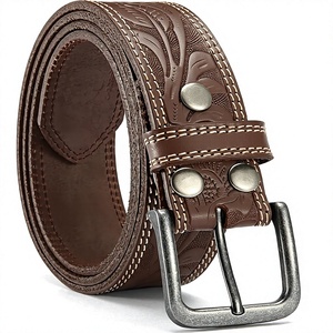 Ceinture en cuir de vachette brodée de fleurs vintage avec boucle rectangulaire argentée, design durable pour homme, style décontracté - Product Image 1