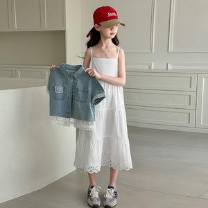 Set Estivo 2026 per Ragazze Adolescenti: <span class=keywords><strong>Camicia</strong></span> in Denim con Bordo in Pizzo a Maniche Corte + Vestito Bianco in Pizzo, Set Casual 2 Pezzi - Product Image 5