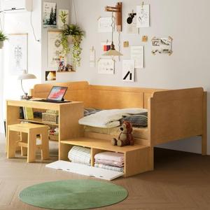 Modern Solid Pine Wood Twin Size Daybed with <b>Storage</b> Shelves and <b>Lockers</b> Multi-functional Bed with Study Desk Matching Stool - Product Image 1