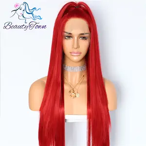 Wholesale Cosplay Sexy Long Red HandTied Red Straight Celebrity Girl Wedding Party Synthetic Lace Front Wigs