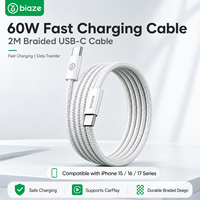 Câble de charge rapide USB-C Biaze 60W 2M tressé, câble de transfert de données PD Type-C pour iPhone 15 16 17 Series