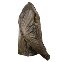 Veste en cuir véritable pour homme, style motard, marron vieilli, fermeture éclair, col montant - Veste en cuir marron vieilli