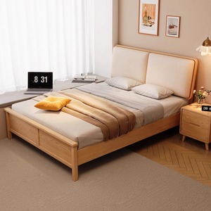 Cadre de lit double en bois massif nordique 1,8 m avec tête de lit rembourrée, lit plateforme pour petits appartements, couleur bois naturel - Product Image 1