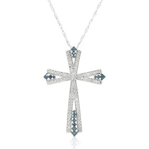 Religious Cross Pendant <b>Necklace</b> 0.77 Cttw Cut White <b>Blue</b> Diamonds Rhodium Plated 925 Sterling Silver 18 Inch for Women - Product Image 1