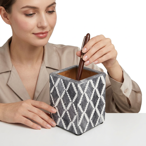 Porte-stylo en résine blanche avec incrustation osseuse, motif feuille traditionnel, motif carré, organisateur de bureau moderne de luxe, magnétique, pour la rentrée scolaire - Product Image 1