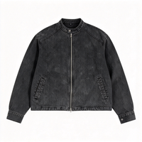 Veste en jean noire surdimensionnée personnalisée, unisexe, col montant, fermeture éclair intégrale, style streetwear décontracté, vintage, veste en jean pour homme, OEM TKAN1031