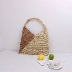 Bolso de Playa de Rafia Fina Hecho a Mano para Mujer, Bolso Tote de Paja de Papel Tejido a Crochet de Dos Tonos para Viajes de Verano - Product Image 6
