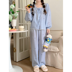 Pijamas de Algodón Transpirable para Mujer, Estilo Coreano, Rayas Simples, Lazo con Encaje, Logotipo Frontal, Ropa de Dormir Informal y Holgada - Product Image 2