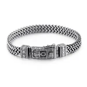 Punk Silver 22CM Stainless Steel Double Row Dragon Bone Bracelet Ancient Egypt Symbol of Life Charm Ankh Eye Bracelet For Men