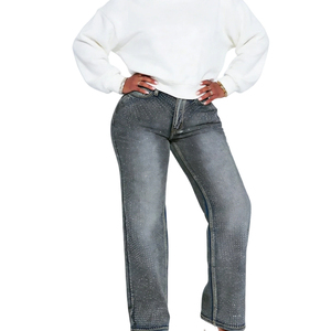 Pantalon en jean évasé scintillant pour femme, style Y2K décontracté, taille haute, avec strass, coupe large, tendance - Product Image 2