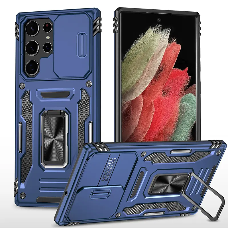 Casing ponsel terbaik untuk perlindungan jatuh penutup belakang polikarbonat awet untuk Samsung Galaxy S22 Ultra casing dengan dudukan & geser C