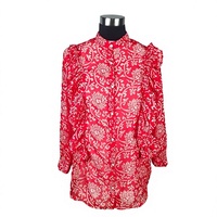 Chemisier en mousseline rouge à imprimé floral pour femme, col mandarin, manches ballon, coupe ample, haut long, style élégant printemps-été